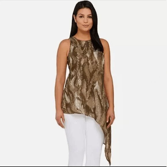 G.I.L.I. NWOT Sleeveless Snake Printed Top Blouse Asymmetric Hem Cognac Women's - Picture 3 of 7